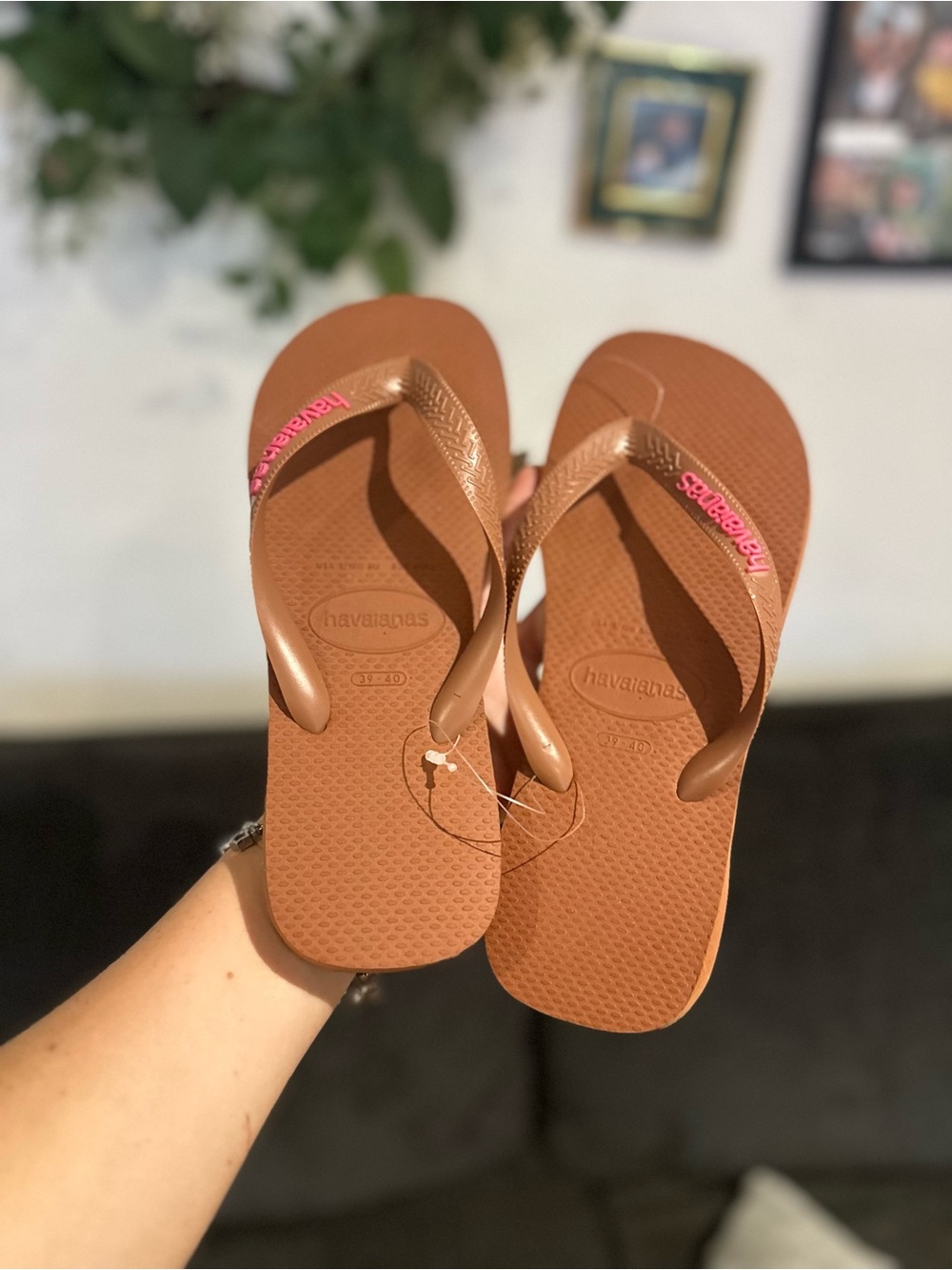 Havaianas Brown Flip Flops with Pink Logo Accent
